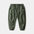 Thickened dark green jogger pants for kids with elastic waist and stylish woven label - 90 (Open Crotch Available) / Army Green