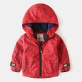 Boys red hooded winter jacket with blue geometric web pattern and warm fleece lining - 90 / Red