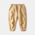 Kids thickened khaki fleece joggers with elastic waist and stylish animal patch detail - 90 (Open Crotch Available) / Khaki