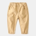 Classic khaki cotton casual pants for boys with elastic waist and stitched details - Khaki / Size 90 (Open Crotch)