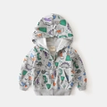 Grauer Kapuzenpullover für Jungen mit bunten Dino-Prints und weichem Fleece-Innenfutter - Größe 100 / Grau