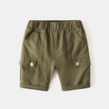 Boys army green cargo shorts with elastic waist and metal snap pockets on plain background - 90 / Army Green