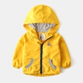 Bright yellow hooded zipper jacket for boys featuring a colorful dinosaur embroidery - 90cm / Yellow