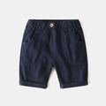 Pantalones cortos de algodón azul oscuro para niño con cintura elástica y botón marrón - Azul Marino / Talla 90