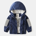 Donkerblauwe windjack voor kinderen met capuchon, rits en grijze patches op mouwen - 90cm / Marineblauw