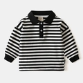 Classic black and white striped long sleeve cotton polo shirt for boys with ribbed cuffs - 120cm / Black & White Stripes