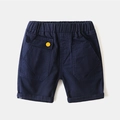 Boys navy cargo shorts with elastic waist and large pockets featuring yellow button detail - Navy Blue / Size 90 (Open Crotch)
