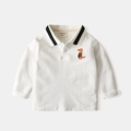 Weißes Kinder-Langarm-Poloshirt aus Baumwolle mit Dinosaurier-Stickerei und gestreiftem Kragen - Weiß / 100cm