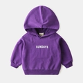 Kids' purple hooded sweatshirt featuring white SUNDAYS letter print in a flat lay view - 90 / Purple