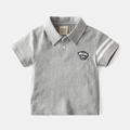 Classic grey boys cotton polo shirt with white sleeve stripes and chest patch detail - Gray / 90cm