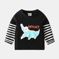 Kids long sleeve black T-shirt with striped sleeves and cartoon crocodile print - 90 / Black