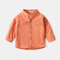 Boys coral orange long sleeve shirt with mandarin collar and cotton linen texture - Leather Red / 90cm