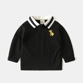 Polo manches longues enfant noir avec col rayé et broderie dorée de haute qualité - Noir / 90cm
