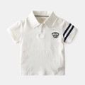 White children's cotton short-sleeve Polo shirt with navy stripes and chest badge - White / 90cm