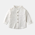 Boy's white cotton linen long sleeve shirt with mandarin collar and pocket detail - White / 90cm