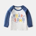 Kinderen shirt met lange mouwen in blauw-wit raglan-stijl met een dino-opdruk - Wit/Blauw Letter / 100cm