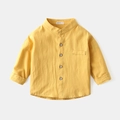 Classic ginger cotton linen long-sleeve boy's shirt with mandarin collar and front pocket - Turmeric / 90cm