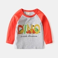 Kinder t-shirt met lange mouwen, grijs lijfje, oranje raglanmouwen en dinosaurusprint - 90cm / Grijs/Oranje Dino