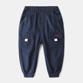 Kids navy cargo pants with elastic waist and Hey embroidery on pockets for boys - Navy Blue / Size 90