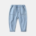 Light blue kids denim jeans with elastic waist and large front pockets in a casual style - Size 90 / Light Blue Patch Pocket