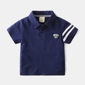 Navy blue kids' cotton polo shirt with white sleeve stripes and chest badge - Navy Blue / 90cm