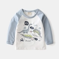 Raglan t-shirt met lange mouwen voor kinderen in wit en lichtblauw met cartoon dinosaurussen - Wit/lichtblauw Hallo Dinosaurus / 90cm