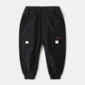 Kids black cargo pants with elastic waist and red Hey embroidery for casual wear - Black / Size 90
