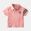 Rosa kurzärmeliges Kinder-Poloshirt aus Baumwolle mit Stickerei und marineblauen Streifen - Rosa Jade / 90cm