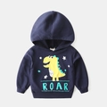 Kids navy blue hooded sweatshirt with yellow cartoon dinosaur print and ribbed cuffs - 90 / Navy Blue