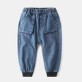 Kids elastic waist blue denim jogger pants with large pockets and ribbed cuffs - 90 / Denim Blue