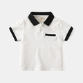 Short-sleeved cotton polo shirt for boys in white and black color block style - 90cm / White