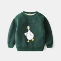 Dark green fleece sweatshirt for boys with white cartoon duck print and ribbed cuffs - 90cm / Dark Green