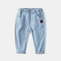 Light blue children's denim jeans with elastic waistband and stylish square patch detail - Size 90 / Light Blue Letter Embroidery