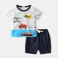 Kids summer cotton set with white cartoon vehicle t-shirt and navy blue shorts - 90cm / Top And Bottom / White Vehicle