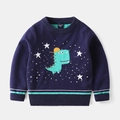 Detail of knit sweater showing cartoon green dinosaur pattern with yellow hat on navy base - 90 / Navy Blue Star Dinosaur