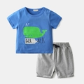 Kids royal blue cotton t-shirt with whale print and grey shorts two-piece summer set - 90cm / Top And Bottom / Blue Whale