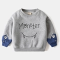 Grijze cartoon monster hoodie voor jongens met blauwe patchwork mouwen en warme katoen - 100cm / Grijs