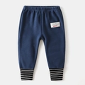 Kids warm thickened navy knit pants with elastic waist and striped ribbed leg cuffs - 90 / Denim Blue