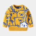 Yellow knitted kids sweater with blue cartoon bear pattern and ribbed round neck - 90 / Yellow