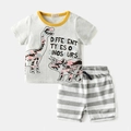 Kids grey t-shirt with dinosaur print and matching striped shorts summer set - Top And Bottom / Light Gray (Dinosaur Print) / 90cm
