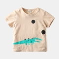 Short-sleeve cotton T-shirt for boys in beige featuring a cartoon crocodile print - Apricot Crocodile