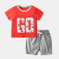 Kids' summer red cotton T-shirt with GO print and grey shorts two-piece outfit - Top And Bottom / Red (GO Print) / 90cm