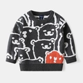 Détail d'un pull en tricot gris avec jacquard d'ours et étiquette de marque au col - 90 / gris foncé