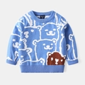 Pull en tricot bleu pour garçons avec motifs d'ours et poignets côtelés confortables - 90 / Aqua