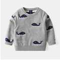 Detail of soft gray knit sweater for kids featuring cute blue whale jacquard pattern - 90 / Grey Whale