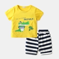 Kids summer cotton set with yellow crocodile t-shirt and striped shorts - Top And Bottom / Yellow Crocodile / 90cm