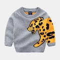 Detail of grey kids sweater with yellow leopard jacquard and ribbed round neckline - 100 / Gray Leopard