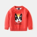 Close-up of red knit sweater featuring a French bulldog cartoon with a crown and ribbed collar - 100 / Red Crown Dog