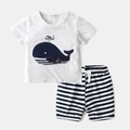 Boys white summer cotton set with cartoon whale t-shirt and navy striped drawstring shorts - Top And Bottom / White Whale / 90cm