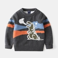 Maglione in maglia grigio scuro per bambini con motivo dinosauro e strisce a contrasto - Etichetta 90 / Dinosauro Grigio